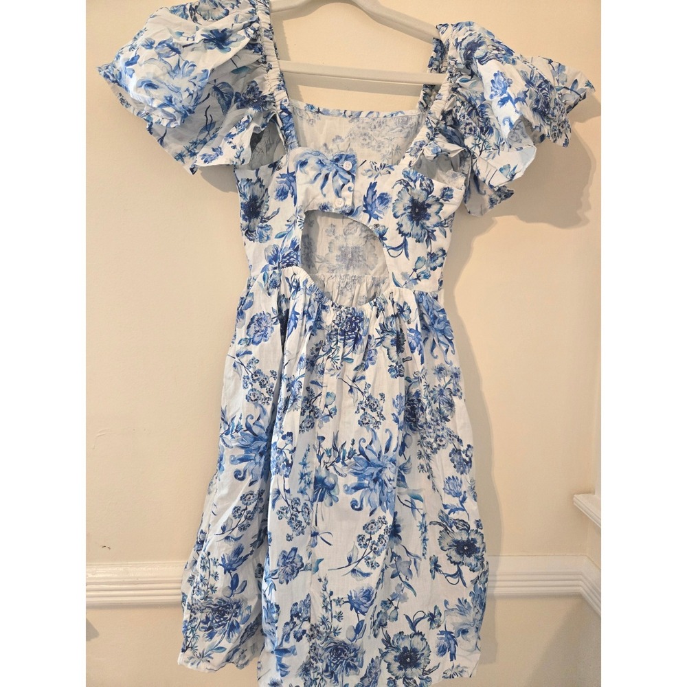 Next Girls Blue Floral Cotton Cutout Back Ruffle Sleeve Dress Size 8 Years